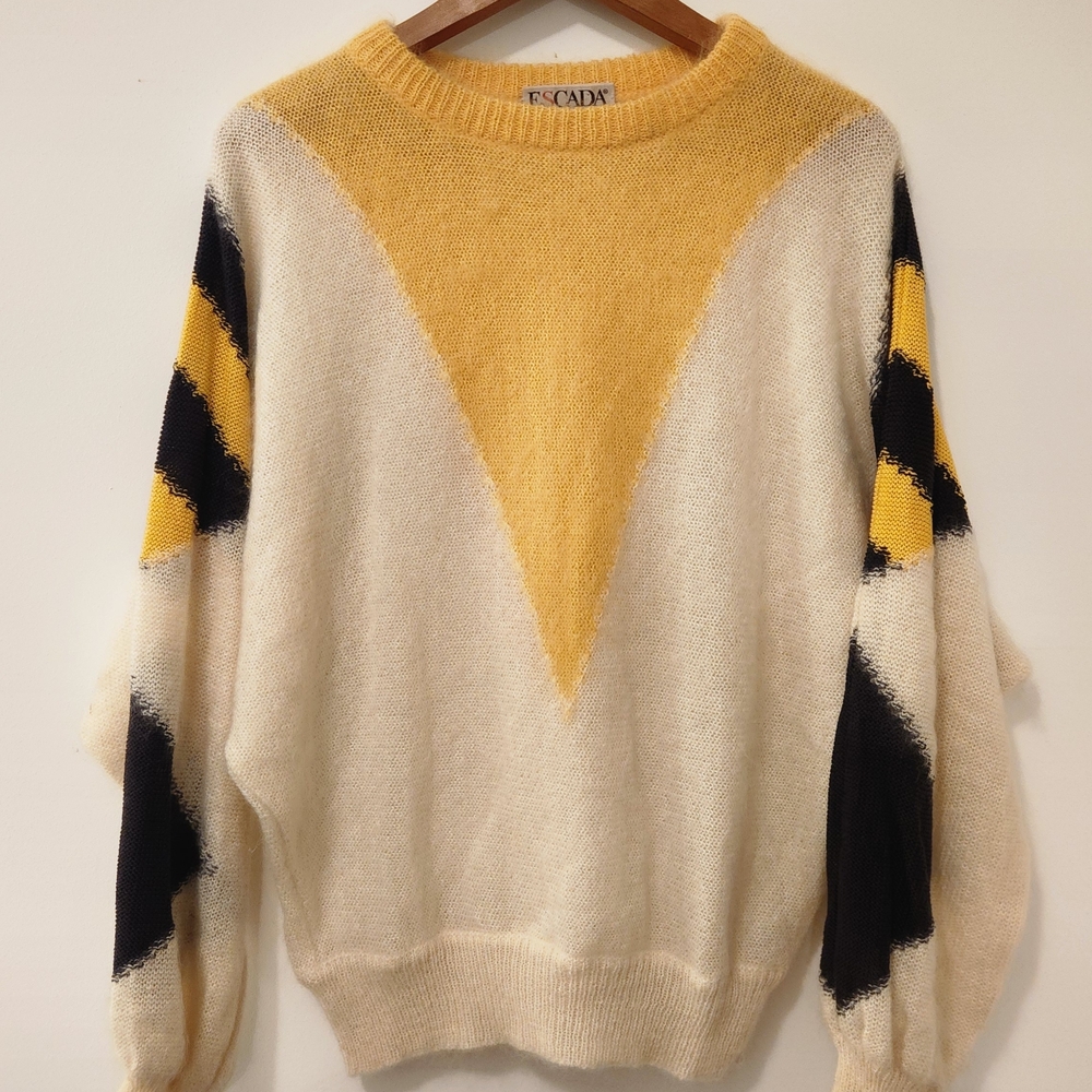 ESCADA Women's Vintage Yellow and Cream Sweater 80's Inspired, Mohair, Medium